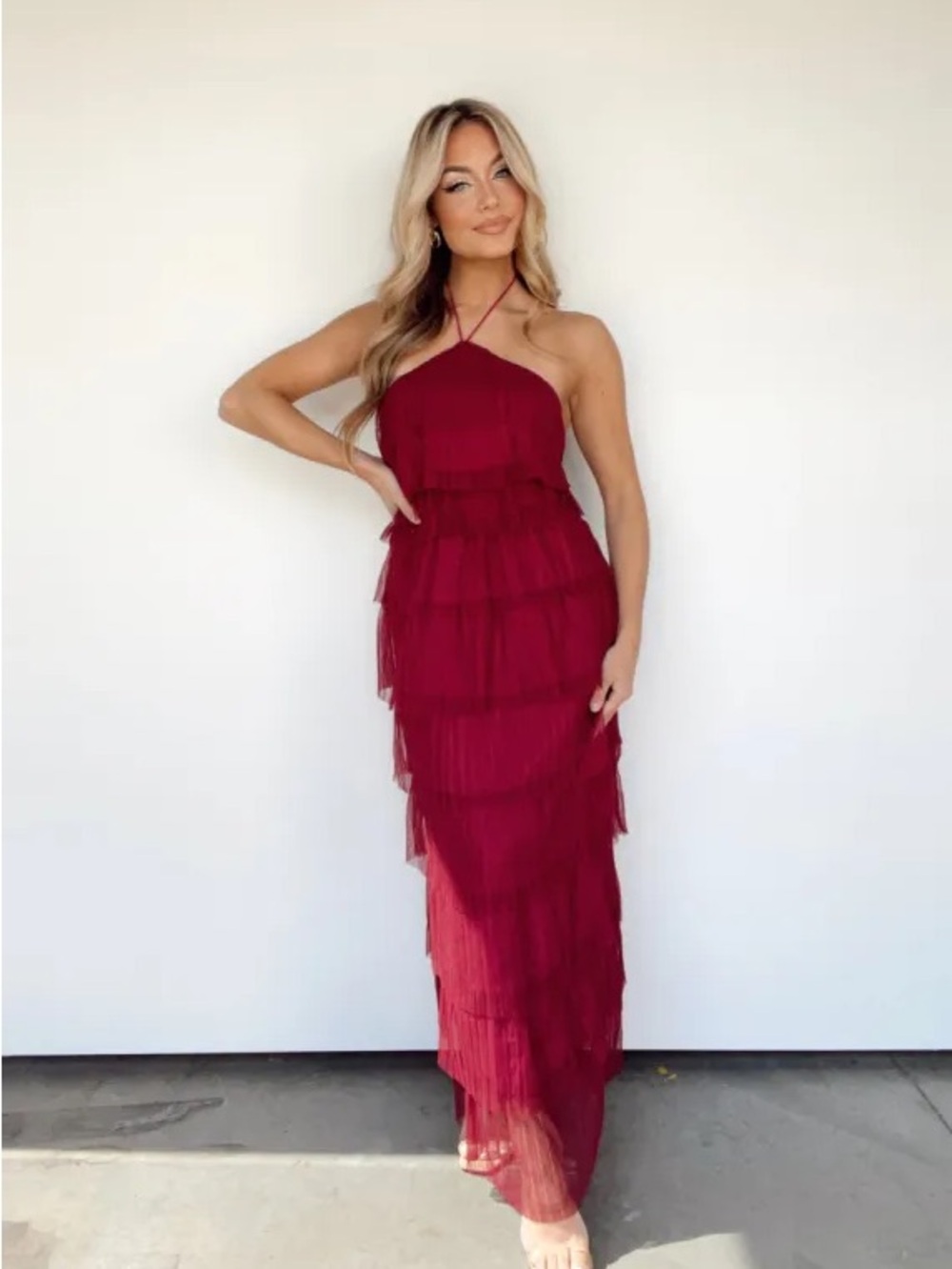 Elegant Burgundy Halter Tiered Maxi Dress